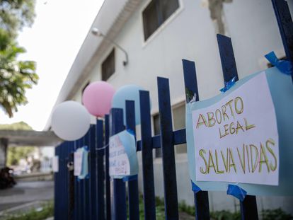 "Legal abortion saves lives," reads this sign outside a hospital in Recife, Brazil.