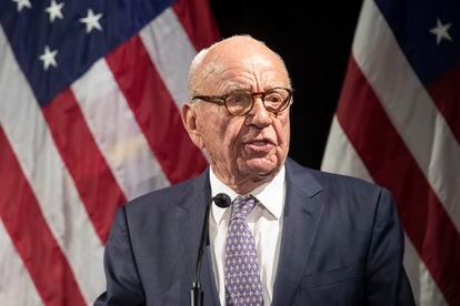 Rupert Murdoch introduces Secretary of State Mike Pompeo during the Herman Kahn Award Gala, in New York, Oct. 30, 2018.