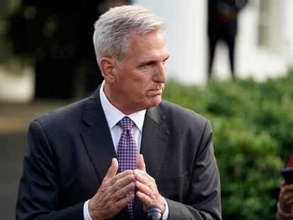 Speaker of the House Kevin McCarthy of Calif., talks to reporters after meeting with President Joe Biden at the White House, Monday, May 22, 2023, in Washington.