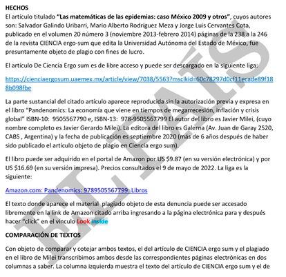The first page of the complaint filed by the Mexican scientists against Javier Milei.