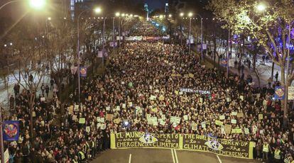 Protesters march down Paseo de la Castellana avenue in Madrid. According to the local police, around 15,000 people took part in the demonstration.