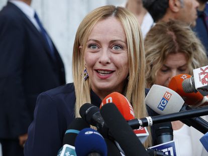 Italian Prime Minister Giorgia Meloni talks with journalists at the end of a meeting with the opposition, at Palazzo Chigi in Rome, Italy, on August 11, 2023.