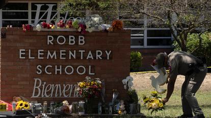 A memorial to the victims of the shooting at Rob Elementary School in Uvalde, Texas.