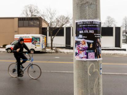 A flyer for Kream Kalari and GloRilla hangs outside of the Main Street Armory on Monday, March 6, 2023, in Rochester, New York.
