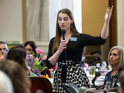 Zooey Zephyr speaks on the House floor for the first time in a week during a session at the Montana State Capitol in Helena, Mont., on Wednesday, April 26, 2023.