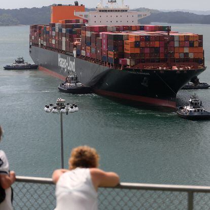 A cargo ship traverses the Panama Canal in January.