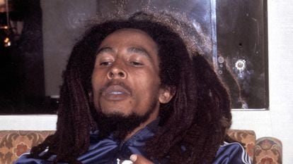 A 1976 photograph of Bob Marley smoking at the Plaza Hotel in New York.