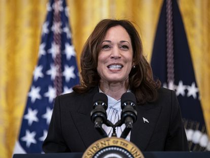 US Vice President Kamala Harris speaks during a Women's History Month reception in the East Room of the White House in Washington, DC, USA, 18 March 2024.