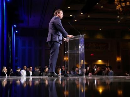Florida Gov. Ron DeSantis speaks at an annual leadership meeting of the Republican Jewish Coalition, Nov. 19, 2022, in Las Vegas.