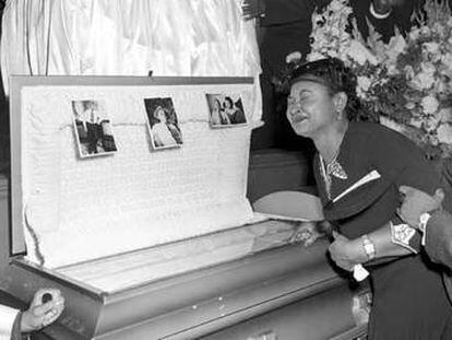 Emmett Till's mother, at the funeral for her son's death, held in Chicago in 1955.