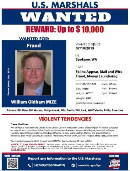 The US Marshals' wanted poster for William Mize IV, who remains on the run. 