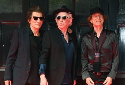 Left to right: Ronnie Wood, Keith Richards and Mick Jagger attend the launch event for The Rolling Stones' new album 'Hackney Diamonds' at the Hackney Empire on September 6, 2023.