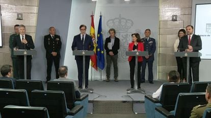 (l-r) Interior Minister Fernando Grande-Marlaska; Health Minister Salvador Illa; Defense Minister Margarita Robles and Transportation Minister José Luis Ábalos during a press conference on the coronavirus pandemic on March 15.