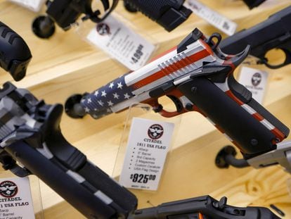 A U.S. flag-themed handgun is displayed at the Des Moines Fairgrounds Gun Show at the Iowa State Fairgrounds in March 2023.