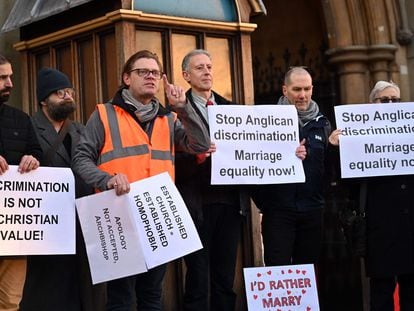 Gay activists protest outside Church House in London, where the Church of England is holding its General Synod.