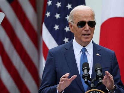 U.S. President Joe Biden speaks in the Rose Garden at the White House in Washington, D.C., U.S., on April 10, 2024.
