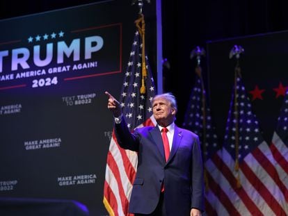 Former president Donald Trump at an event at the Adler Theatre on March 13, 2023, in Davenport, Iowa.