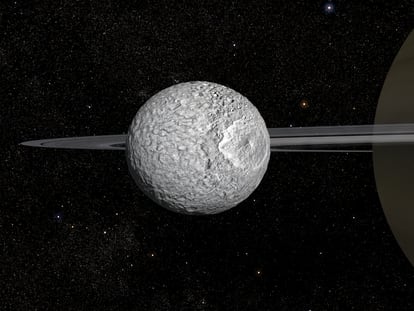 Simulation of Saturn's moon Mimas, with its giant crater that gives it the appearance of the Death Star from George Lucas' 'Star Wars' movies.