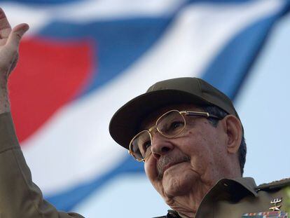 Raúl Castro waving at the May Day parade in Havana in 2008.