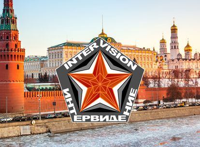 The Intervision festival logo superimposed on an image of the Kremlin.