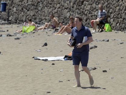British Prime Minister David Cameron on a beach in Lanzarote, where he also spent his Easter break two years ago.