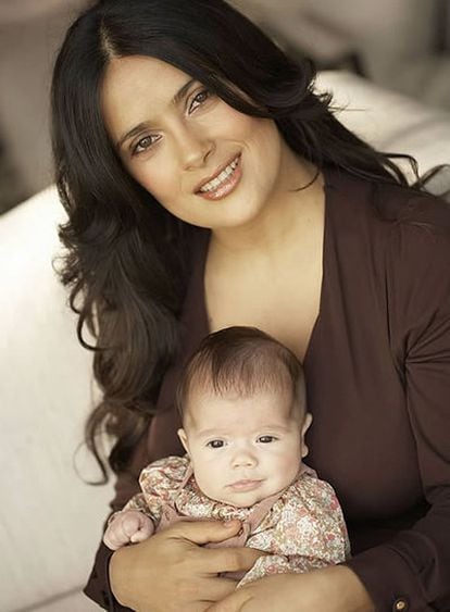 Salma Hayek poses with her two-month-old daughter, Valentina Paloma