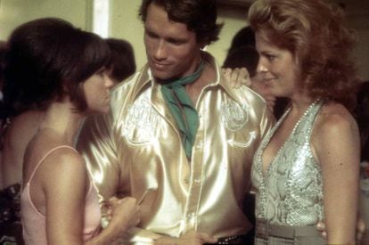 Field, Arnold Schwarzenegger and Joanna Cassidy in 1976.