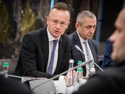 Hungarian Minister of Foreign Affairs and Trade Peter Szijjarto attends a meeting with his Ukrainian counterpart Dmytro Kuleba, in Uzhhorod, Ukraine January 29, 2024.