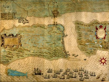 A map depicting Sir Francis Drake’s attack on St. Augustine on the Florida peninsula.