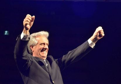 The winner of Uruguay's presidential elections, Tabaré Vázquez, celebrates on Sunday.