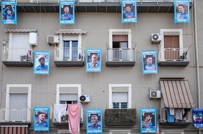 A building facade in Naples decorated with giant pictures of the players. 