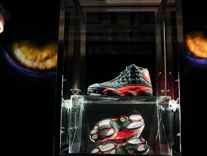 Michael Jordan's game worn sneakers from the 1998 NBA finals are displayed at Sotheby's, Wednesday April 5, 2023, in New York.