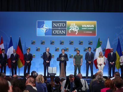 Japan's Prime Minister Fumio Kishida speaks at an event with G7 leaders and Ukraine's President Volodymyr Zelenskiy to announce a Joint Declaration of Support to Ukraine, as the NATO summit is held in Vilnius, Lithuania July 12, 2023.