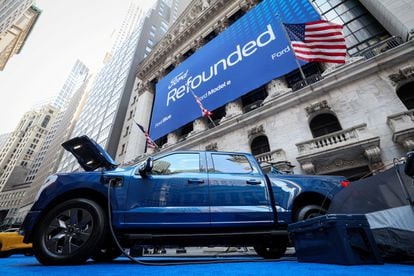 A Ford Lighting pickup is displayed outside the New York Stock Exchange in New York City on March 23, 2023.