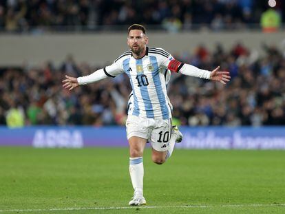 Lionel Messi celebrates the first goal during the FIFA World Cup 2026 Qualifier match between Argentina and Ecuador at Estadio Más Monumental Antonio Vespucio Liberti on September 07, 2023 in Buenos Aires, Argentina.