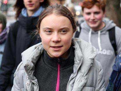 Swedish climate change activist Greta Thunberg looks on during a break outside Westminster Magistrates' Court in London, Britain, February 02, 2024.