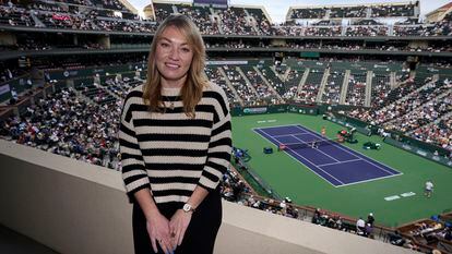 Lindsay Brandon, the WTA's new director of safeguarding, poses for a portrait at the BNP Paribas Open tennis tournament Friday, March 10, 2023, in Indian Wells, Calif.
