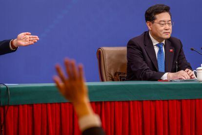 Chinese Foreign Minister Qin Gang waits for questions during a press conference in Beijing, China, 07 March 2023.