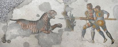 A mosaic preserved in Istanbul portrays two gladiators fighting a tiger.