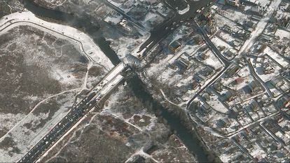 A satellite image of the bridge destroyed in the Ukrainian city of Irpin on March 8.