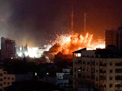 An explosion in Gaza during Israeli bombings in response to the Hamas attack.