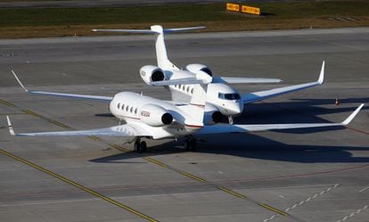 business aircrafts are parked at the airport in Zurich, Switzerland
