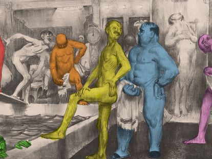 Illustration of men sharing conversation in a sauna in 1917.