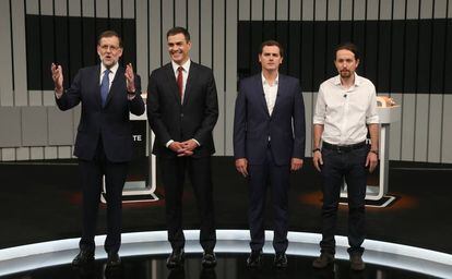 From left to right: Mariano Rajoy, Pedro Sánchez, Albert Rivera and Pablo Iglesias ahead of Monday's televised electoral debate.
