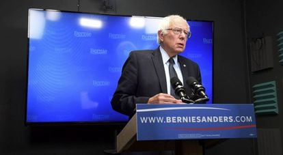 Bernie Sanders delivers a speech to supporters via live stream.