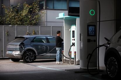 A Hyundai Ioniq 5 electric vehicle is charged at Chaevi Stay Charging Station in Seoul, South Korea, October 18, 2023