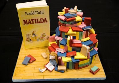 A cake decorated in the style of the Roald Dahl children's book "Matilda" is displayed at the Cake and Bake show in London in 2015.