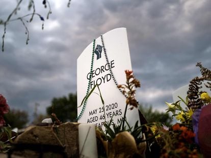 A headstone for George Floyd stands int the "Say Their Names" cemetery at George Floyd Square on May 25, 2023, in Minneapolis, Minnesota.