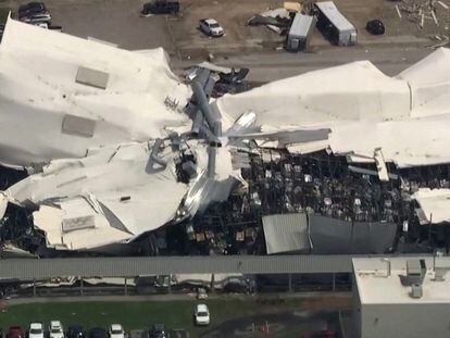 The roof of a Pfizer facility shows heavy damage after a tornado passed the area in Rocky Mount, North Carolina, U.S. July 19, 2023.