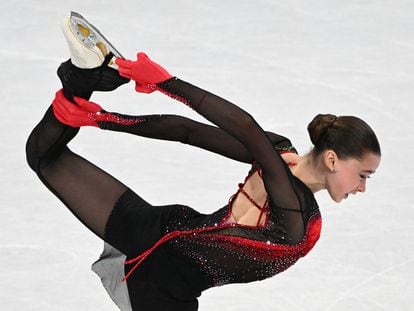 Russia's Kamila Valieva competes in the women's single skating free skating of the figure skating event during the Beijing 2022 Winter Olympic Games in Beijing on February 17, 2022.